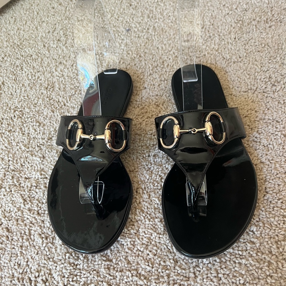Gucci Black Patent Leather Sandals with Gold Horse-bit Accents